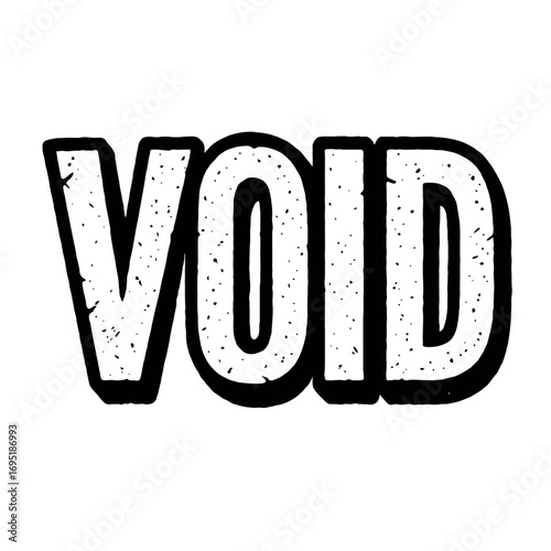 Bold, distressed 'VOID' text art featuring a striking black outline and a grunge, speckled white fill, exuding a retro, worn aesthetic, perfect for designs requiring an impactful, vintage, or abstract
