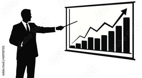 Businessman in silhouette pointing to upward trending graph on a whiteboard, symbolizing growth and success.