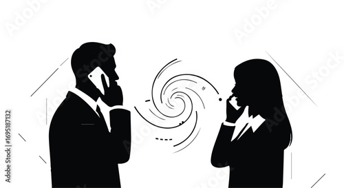 Silhouettes of two business people communicating on phones with abstract swirl effect between them