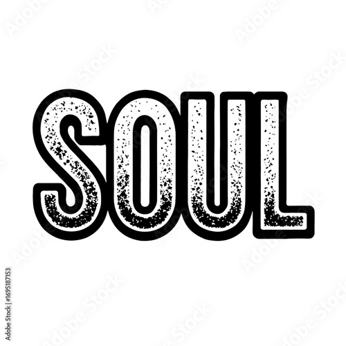 "SOUL" grunge distressed typography vector art. Bold black outlined text with textured speckle fill. Ideal for modern apparel, t-shirts, streetwear, music albums, concert posters, spiritual themes, ed
