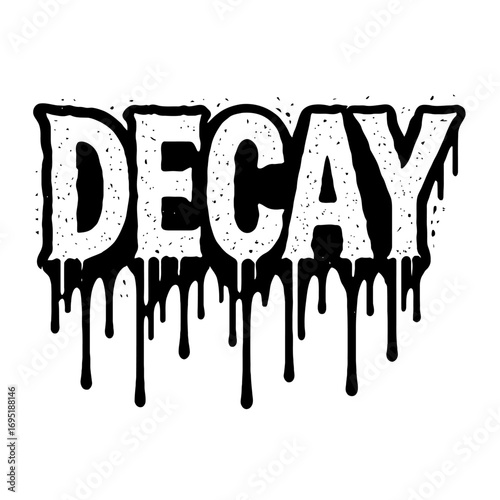Grungy 'DECAY' text. Bold, distressed wordmark with black dripping ink. Spooky, horror-themed, gothic typography. Edgy, vintage aesthetic. Perfect for Halloween, metal, punk, and dark urban designs. I