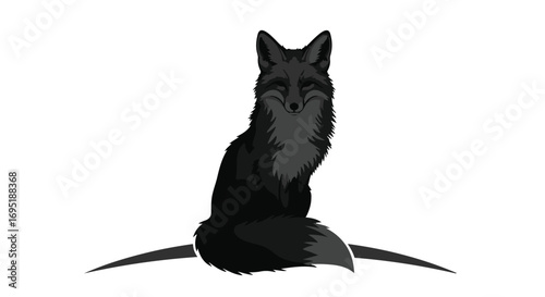 Elegant black fox sitting gracefully on a white background with a subtle curved line beneath.
