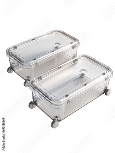 Two clear plastic storage containers, stacked, with wheels