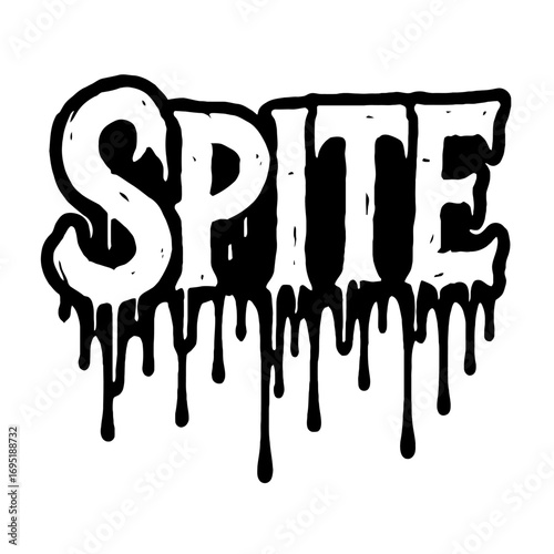 Striking 'SPITE' text in a custom white font with a bold black outline and a dramatic dripping liquid effect, conveying an edgy, grunge, rebellious, and intense aesthetic for design projects, perfect 