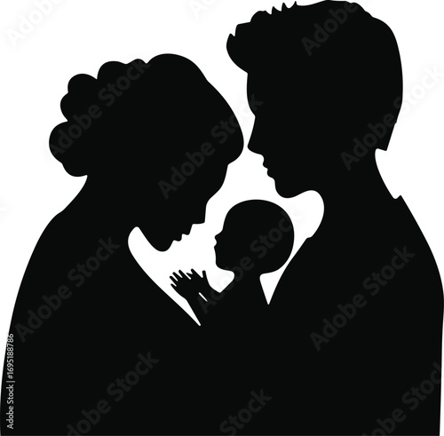 Silhouette of a loving family with mother, father, and newborn baby, symbolizing care, parenthood, and new life