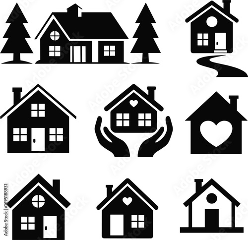 Collection of black and white house icons, ideal for real estate, home, and property-related design, showcasing residential concepts