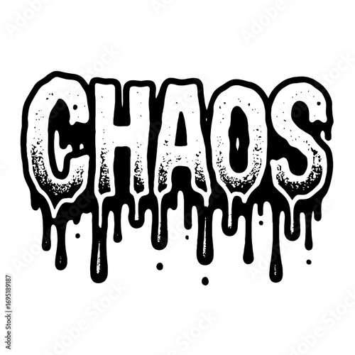 Black and white 'CHAOS' dripping grunge typography, a heavily distressed vector illustration perfect for edgy streetwear, alternative fashion, punk, metal, and tattoo design. Art.