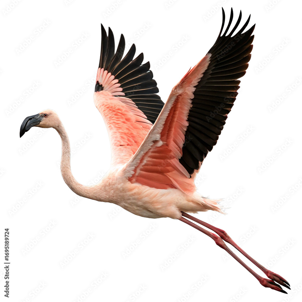 Fototapeta premium Graceful pink flamingo soars with wings spread wide, a vibrant symbol of freedom and beauty in motion.