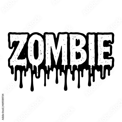 Gritty black and white 'ZOMBIE' text with spooky dripping blood-like effect, a distressed grunge horror typography perfect for Halloween, undead themes, monster parties, and scary apocalypse designs. 