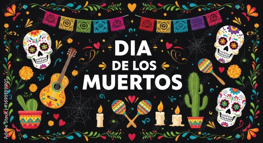 Fototapeta premium Vibrant Dia de los Muertos Celebration: Sugar Skulls, Guitar, and Festive Decorations