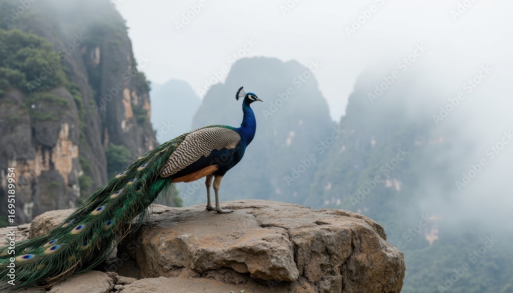 Fototapeta premium A Majestic Peacock Perched Atop a Rocky Outcrop, Overlooking a Misty Mountain Valley