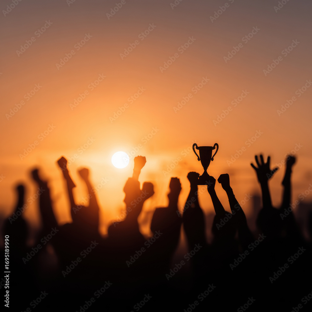 Fototapeta premium Success of teamwork, joint achievement of goal in business and life. Winning team is holding trophy in hands.