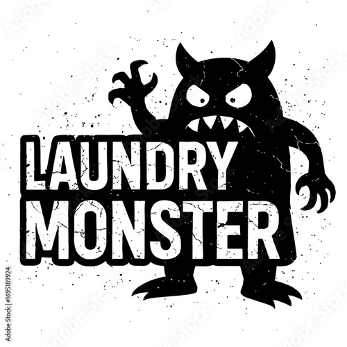 Funny LAUNDRY MONSTER distressed grunge graphic, a menacing black silhouette cartoon creature with sharp teeth, horns, and claws. Ideal for humorous t-shirts, apparel, laundry room decor, and gifts, p