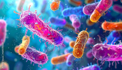 Fototapeta Naklejka Na Ścianę i Meble -  A detailed illustration showcases various colorful bacteria in vibrant hues, highlighting their intricate structures and biological details.