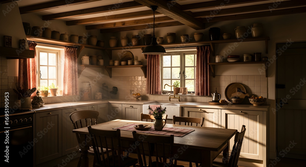 Fototapeta premium Rustic Kitchen Interior Bathed In Morning Sunlight Radiating Comfort And Serenity Mood