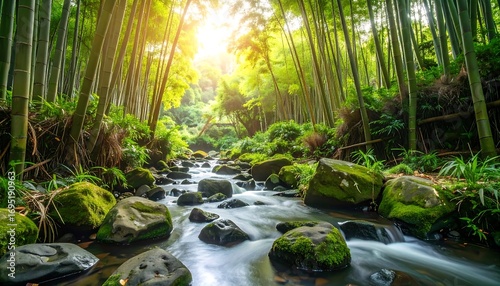 Lush bamboo forest with a flowing stream (1)