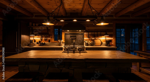 Rustic kitchen in a wooden cabin showcases wood paneling and stone countertop with lights
