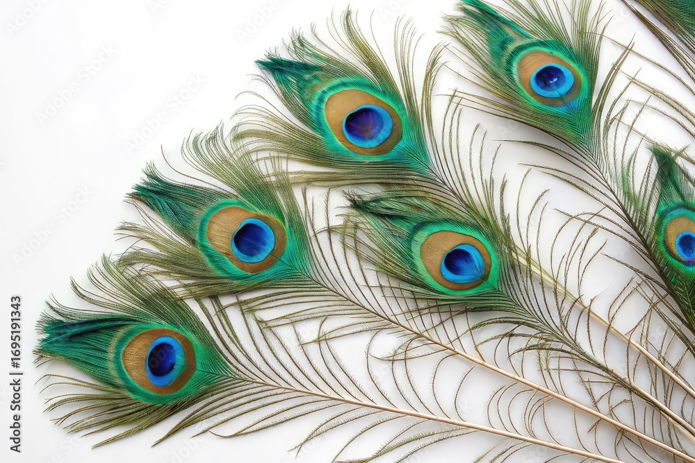 Obraz premium Colorful Peacock Feathers Arranged Gracefully on a Bright Background
