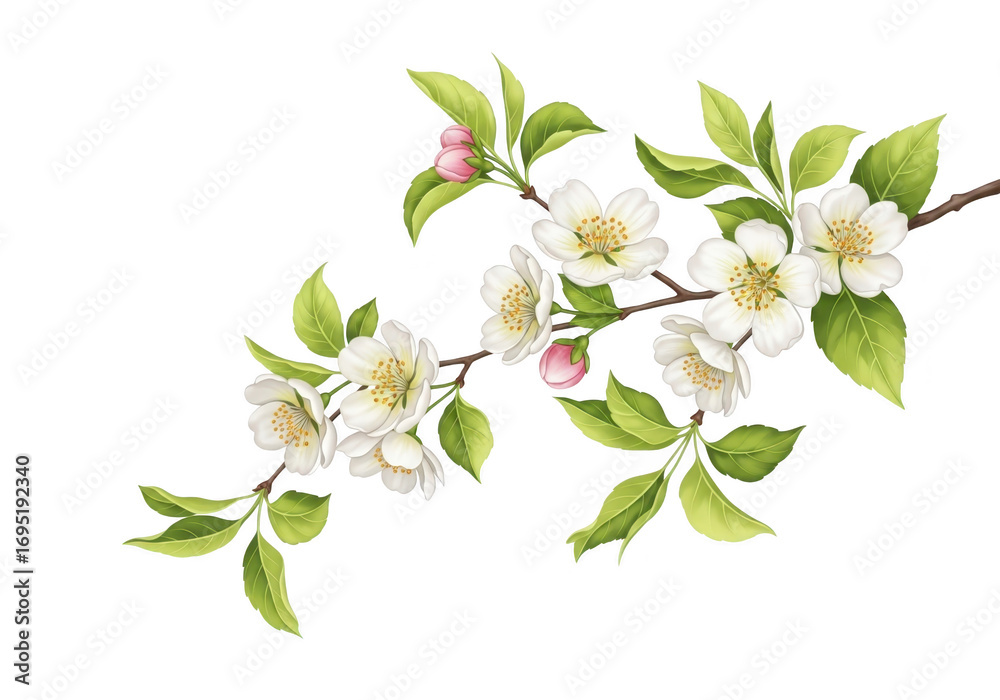 Fototapeta premium A delicate branch of apple blossoms with white flowers and green leaves, isolated on a transparent background