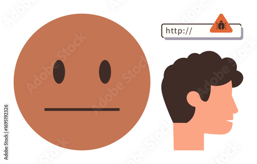 Neutral face alongside a user profile and a warning for a bug on a webpage. Ideal for cybersecurity, user safety, online threats, software bugs, digital risks, privacy awareness, simple flat metaphor