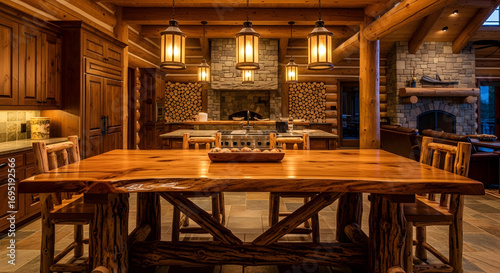 Rustic log cabin interior with wooden table and stone fireplace in the dining area