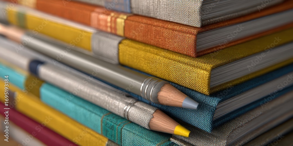 Fototapeta premium Stack of Eco-Friendly Planners and Journals with Pencils for Sustainable Organization