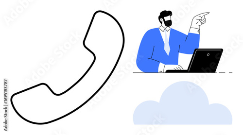 Male professional gesturing while working on a laptop, large phone receiver icon, and cloud. Ideal for business communication, teamwork, remote work, customer support, cloud technology, IT concepts