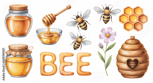 Watercolor illustration of honeycomb with bees and dipper. Natural honey collection with bees, combs, and glass jars.