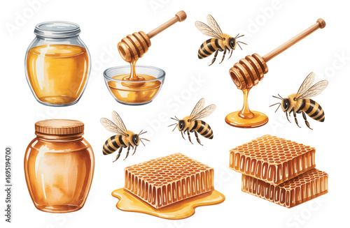 Watercolor illustration of honeycomb with bees and dipper. Natural honey collection with bees, combs, and glass jars.