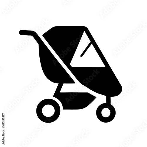 Baby Stroller Flat Icon, Black and White, Transparent Background