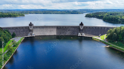 Aerial drone view of a huge stone dam on the lake Monetalsperre - Spermauer, Germany