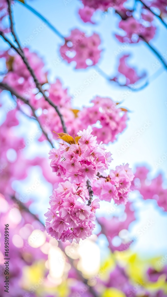 Fototapeta premium Close-up of vibrant pink cherry blossoms against a soft blue sky