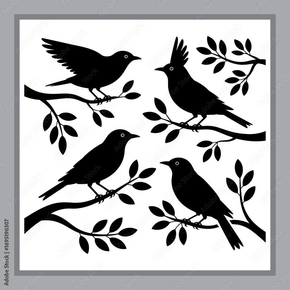Obraz premium Bird Silhouettes on Branches Graphic Art Illustration of Wildlife in Nature Scenery for Home Decor and Crafts