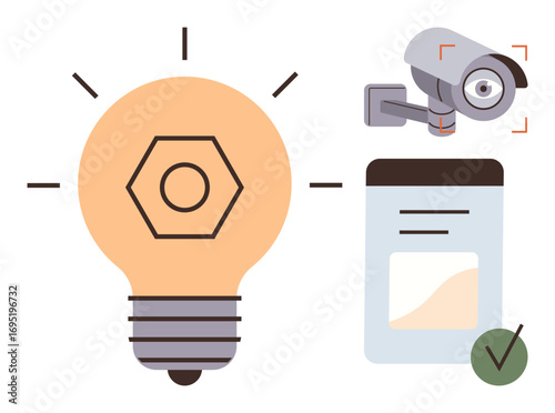Light bulb representing ideas, surveillance camera for monitoring, and document with validation checkmark. Ideal for innovation, security, monitoring, control, validation, creativity efficiency