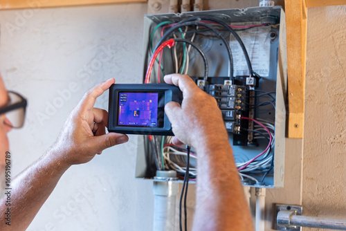 home inspector taking infrared thermography camera pictures of an electrical panel