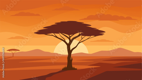 In the distance a lone acacia tree stands tall and proud casting a long shadow across the savannah.