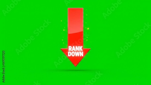 Dynamic red triangle graphic with animated 'RANK DOWN' text descends against a vibrant green screen backdrop signaling decline and negative change in business