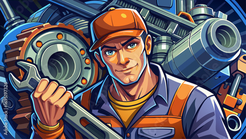Close-up portrait of male mechanic holding wrench near engine. Isolated background emphasizes strength, craft, and reliability.