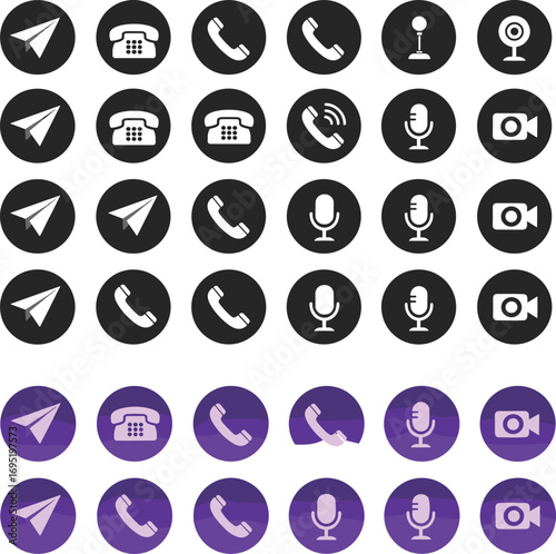 Art & IllustrationCommunication icons set, vector symbols for call, message, video, mic, media apps, UI design, black and purple theme