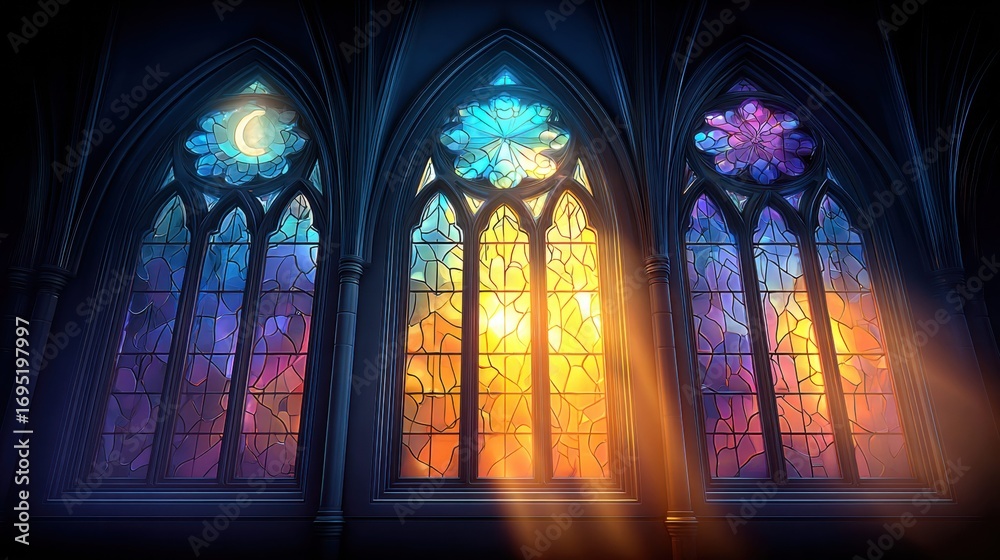Fototapeta premium Illuminated stained glass windows in a gothic cathedral bathed in sunlight.