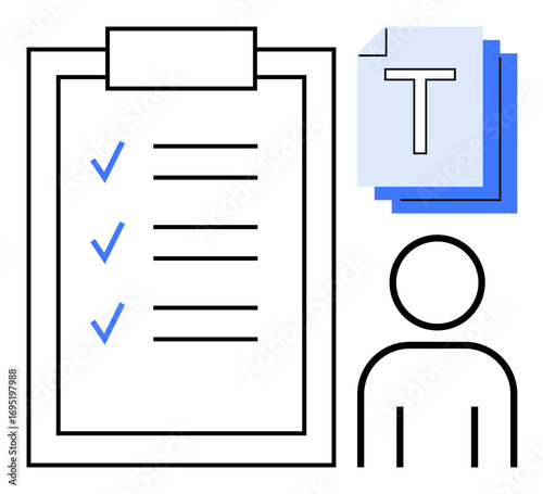 Checklist with blue checkmarks, stacked documents, and abstract person icon. Ideal for task management, productivity, teamwork, planning, organization, project flow simple landing page
