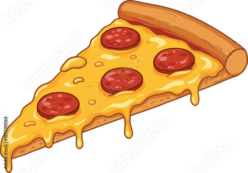 Art & IllustrationDelicious cartoon pepperoni pizza slice, melted cheese dripping, tasty fast food, cheesy crust, yummy snack, isolated on white background
