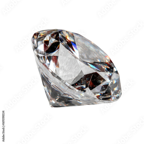 Close-up of a round brilliant-cut diamond.  Sparkling facets and reflective light.  Clear, colorless gemstone