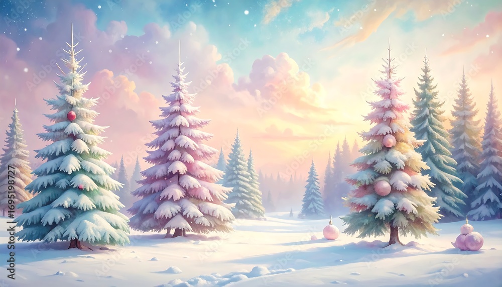 Obraz premium A winter wonderland scene depicts a serene snowy landscape with pastel-colored evergreens adorned with delicate ornaments, bathed in a soft, warm sunset light.
