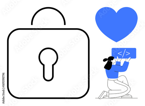 Lock and heart signify security and passion while the programmer holds code. Ideal for programming, cybersecurity, data protection, web development, IT solutions, software design, simple landing page