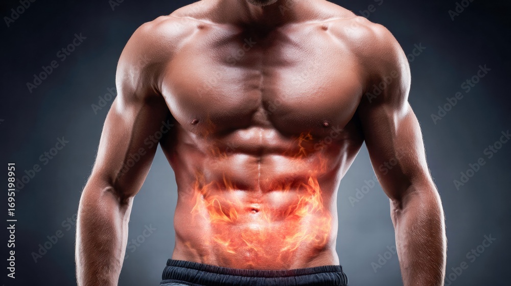 Fototapeta premium A muscular man with flames on his abs, conveying power, passion, and intense training.