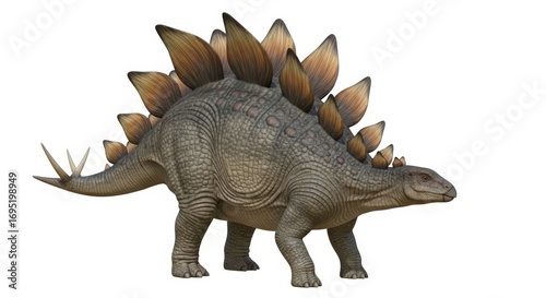 Majestic Stegosaurus dinosaur, ancient reptile with iconic plates and tail spikes, isolated on white background.