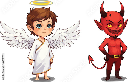 Art & IllustrationCute cartoon angel and devil characters, fantasy illustration for kids, good vs evil concept, heaven and hell, spiritual symbols