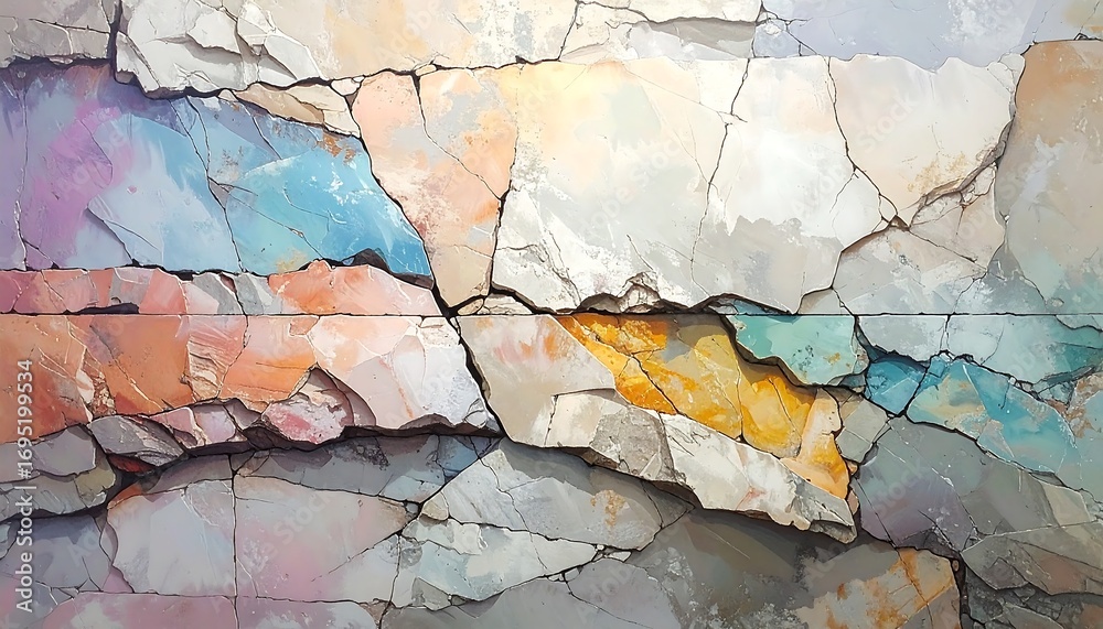 Fototapeta premium A vibrant abstract artwork portrays a fractured rock formation, showcasing a spectrum of pastel colors and textures.