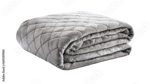 Folded gray quilted blanket.  Soft, plush material.  Diamond pattern quilting.  Simple, clean design.  Folded neatly.  Neutral color